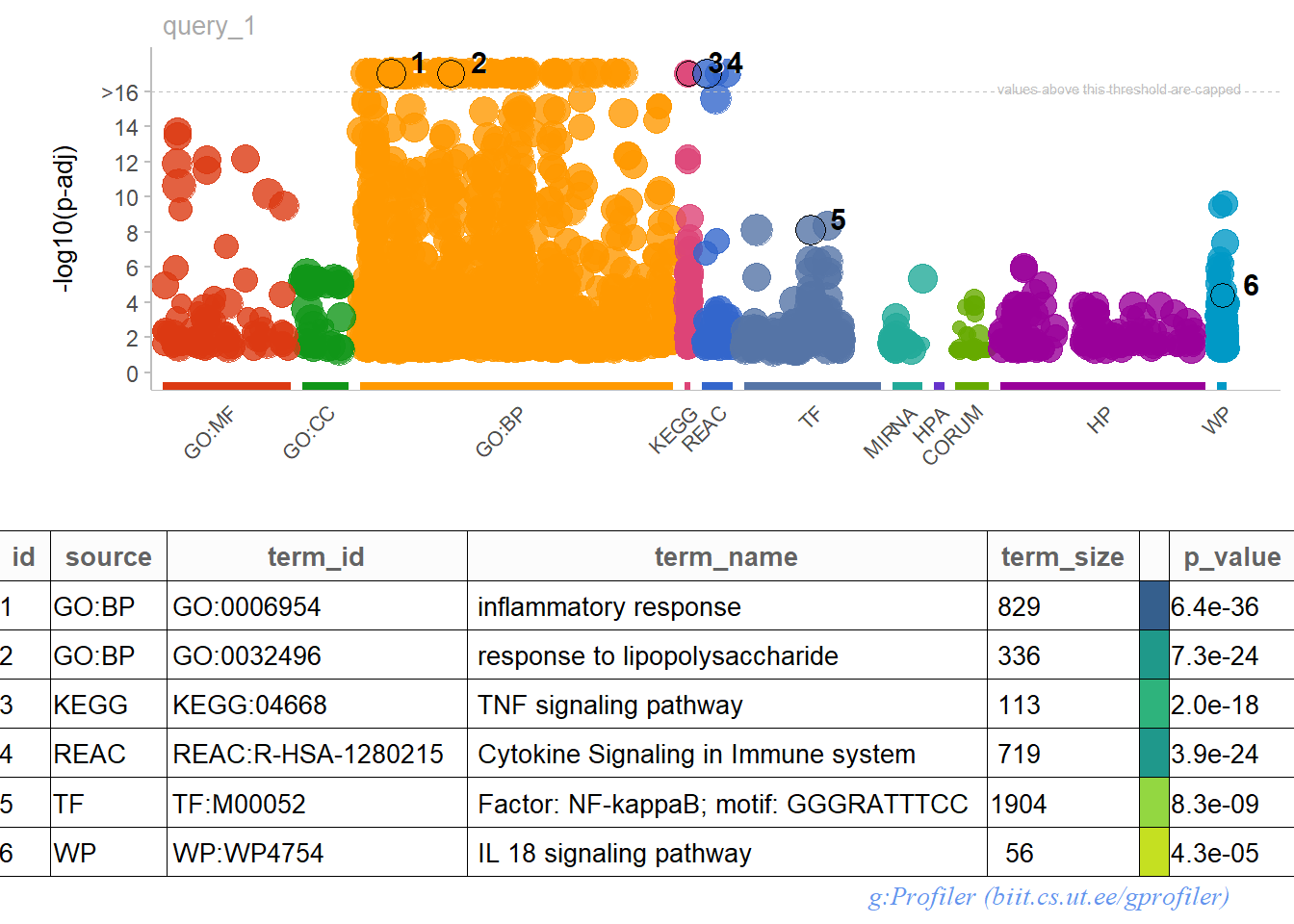 GOST plot and table for upregulated DEGs with interesting GO terms highlighted.